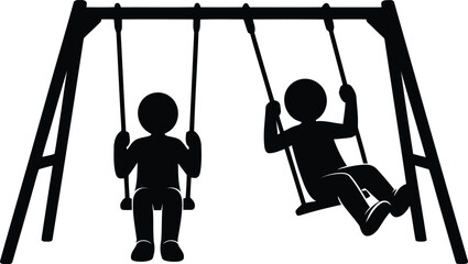 Two silhouetted figures on a black and white playground swing set