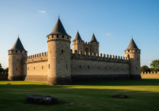 Imposing medieval stone castle structure standing tall with rugged walls, deep moat, and high defensive towers under a clear afternoon sky ,defense ,turret ,historic site