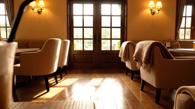 A warm ambient lounge with chairs and tables near a window