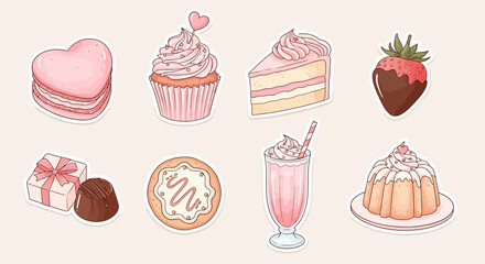 A collection of sweet treats including desserts and drinks on a table.