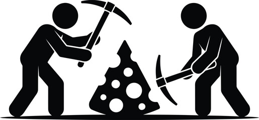 Two stick figures use pickaxes to mine a large wedge of Swiss cheese on a white surface