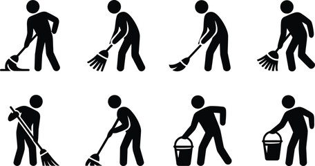 Various black stick figure icons depict individuals performing common household and professional cleaning actions