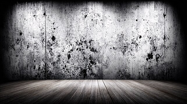 rugged urban background featuring a dark cement floor and a black concrete wall with industrial distressed textures. The surface is filled with charcoal paint spatters, scratches, and old grunge 