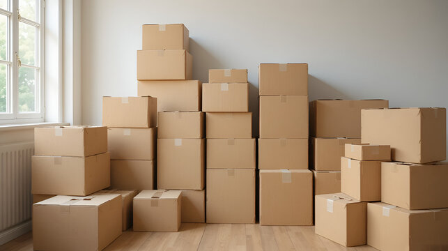 Cardboard boxes stacked in a room; moving day; home organization; stock photography