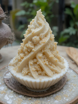 Bubur Ubi atau Jenang Telo is a dessert from Indonesia made of sweet potato, palm sugar and tapioca flour served with coconut milk.