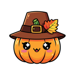 Adorable cartoon pumpkin wearing pilgrim hat and autumn leaf decoration, illustration for Thanksgiving celebration, isolated on white background.