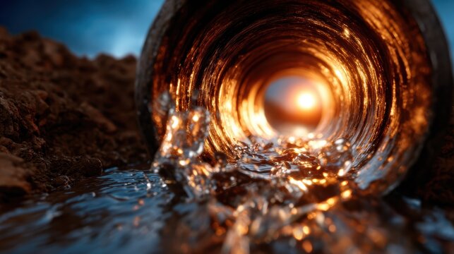 A captivating view inside a rusted pipe tunnel where water flows through, illuminated by a warm glow, representing the beauty and resilience found in urban decay.