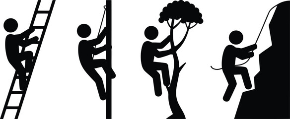 Various black stick figure icons showing individuals tackling different climbs including ladders, poles, and mountains