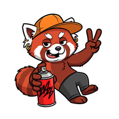 A cartoon red panda wearing a hat and holding a spray can makes a peace sign, sitting casually.
