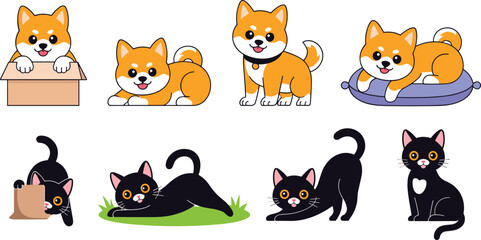 Obraz premium Cartoon Cats and Dogs in Playful Poses, Including Corgis, Kittens, and Fun Animal Illustrations for Children's Media and Pet Designs