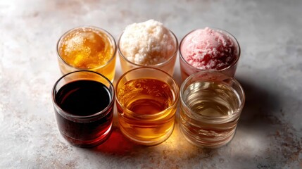 A vibrant arrangement of colorful drinks and sorbets showcasing delicious flavors, ideal for a refreshing summer treat or a stylish cocktail party setting.