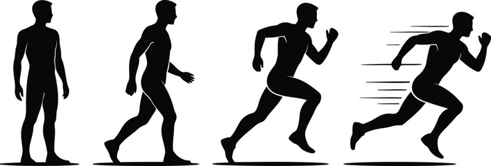 Visual representation of a male figures sequential motion from standing upright to sprinting rapidly