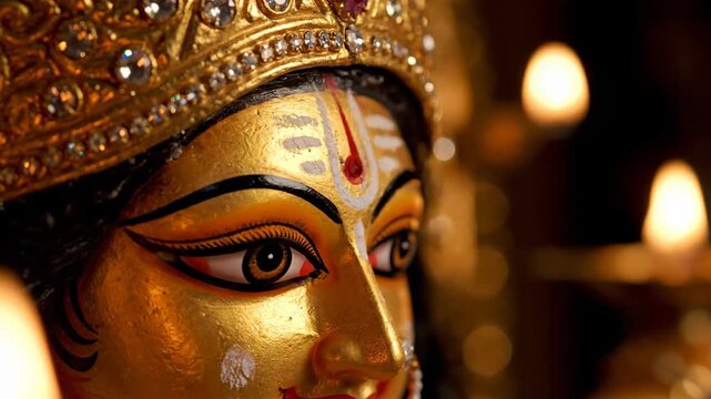 Close up of Maa Durga idol face illuminated by oil lamps