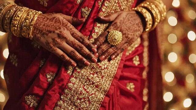 Bride's hands with gold bangles, mehndi, and red traditional dress
