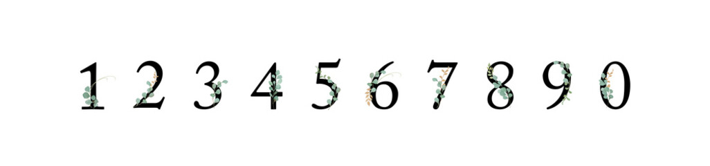 Naklejka premium Bundle of Black Numbers 0-9 with Watercolor Eucalyptus Leaves-300dpi-The font is Adobe Caslon Pro.