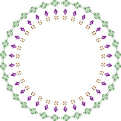 Circular Ornamental Frame with Purple Floral Buds and Green Lace Pattern on White Background