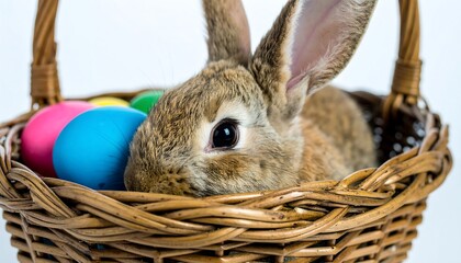 bunny in  wooden woven basket that contains colorful easter egg