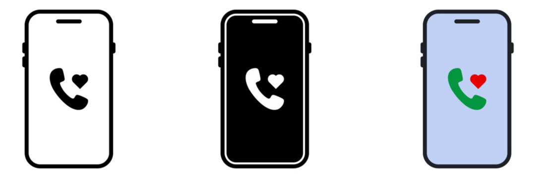 Phone love icon set. Minimalist phone icons with heart symbols, illustrating communication and love. for mobile concept and web design. vector illustration