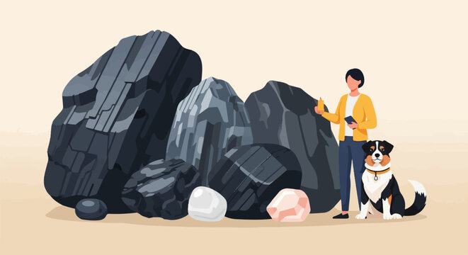 Person with dog inspects raw materials, possibly coal and gems