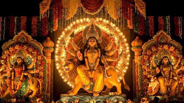 Magnificent Maa Durga Idol Adorned with Lights During Durga Puja Festival