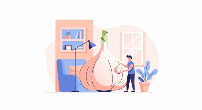 Person interacting with giant garlic in a cozy room