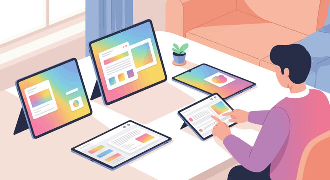 Person interacts with multiple digital devices displaying colorful content and interfaces