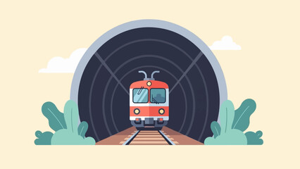 Fototapeta premium Red train emerges from a dark tunnel, flanked by lush green foliage