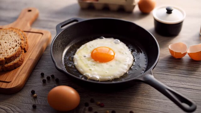 Frying Sunny Side Up Egg in Cast Iron Pan with Bread and Spices
