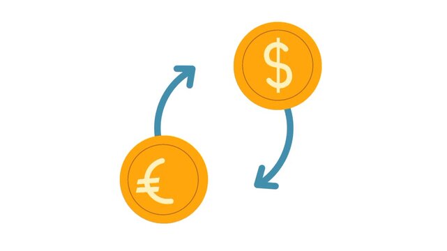 Animated money converter icon with dollar and euro symbols and rotating arrows. Concept of currency exchange and digital finance process