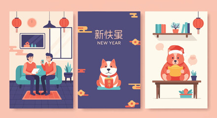 Three illustrated panels depicting domestic scenes with stylized figures and animals