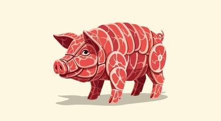 Fototapeta premium Stylized pig composed of raw meat cuts on a light beige background