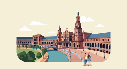 Obraz premium Stylized pixel art of a couple by a canal in front of grand architecture