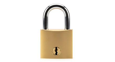 Naklejka premium A gold padlock with a silver shackle is centered on a clean white background viewed directly from the front