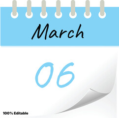 March 6 Calendar Page Design &ndash; Clean Minimal Desk Calendar Template, Editable Printable Monthly Date Layout