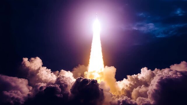 space rocket liftoff at night, centered rocket emerging from dense rolling smoke. Intense white-hot engine flare creates a glowing column that lights up the underside of thick 