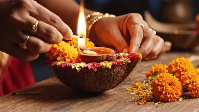 Hands Placing Oil Lamp in Decorated Coconut Bowl with Marigold Flowers and Colorful Petals