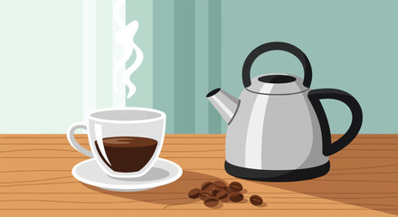 Fototapeta premium Steaming coffee cup and kettle with beans on a wooden surface