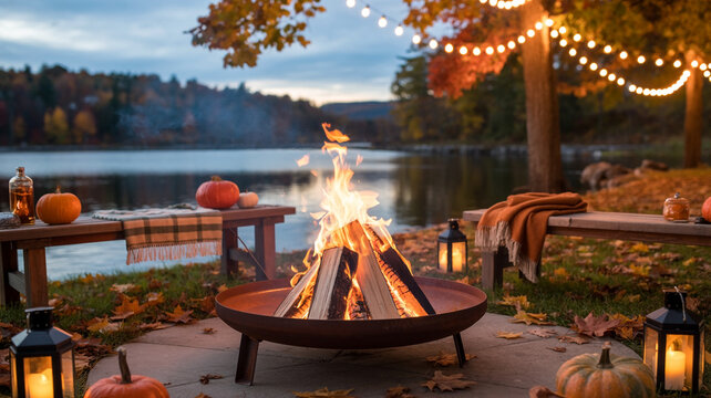 A serene lakeside campfire surrounded by autumn decorations and twinkling lights