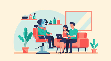 Fototapeta premium Stylist dog consults clients on sofa with laptop