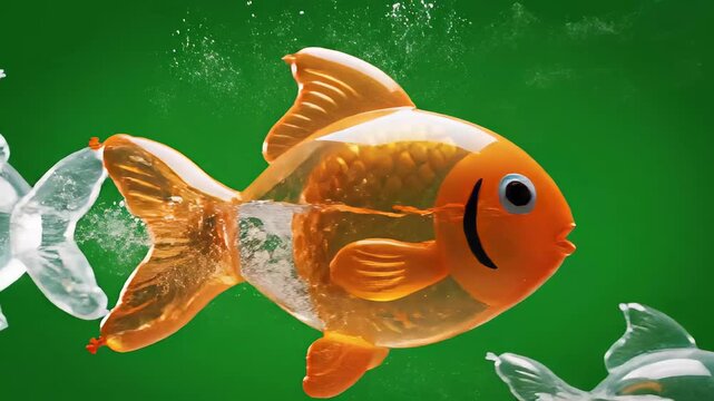 Golden fish is depicted with transparent plastic midsection symbolizing environmental pollution on green background.