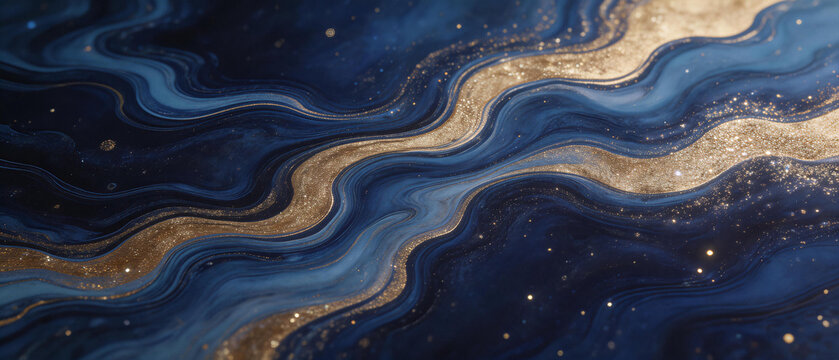 Dark Blue and Gold Abstract Fluid Art Background Luxury Marble Texture Design