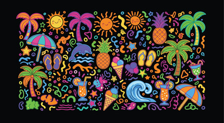 Obraz premium Playful Tropical Summer Wonderland of Sun, Sea, and Joy. A Colorful Cartoon Celebration of Beach Fun, Relaxation, and Paradise Vibes
