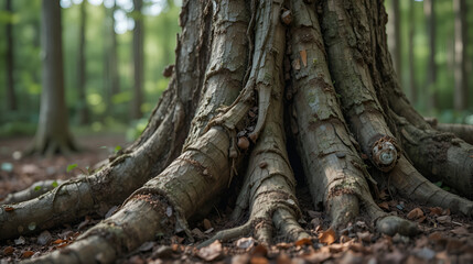 Obraz premium lignin. Close-up of a tree root with knotted protrusions and rough texture in a woodland. ESG reports, sustainability campaigns, designed for sustainability communications and ESG reporting.