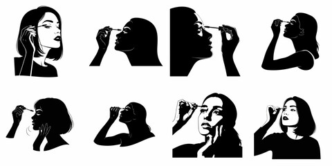Collection of black and white silhouettes and illustrations depicting young women applying mascara for beauty, cosmetics, and makeup routines.
