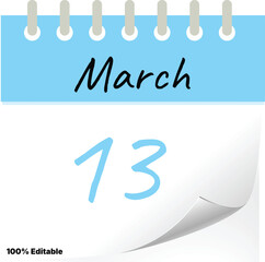 March 13 Calendar Page Design &ndash; Clean Minimal Desk Calendar Template, Editable Printable Monthly Date Layout