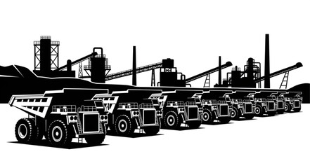 Mining trucks lined up in front of industrial mining facility. © Budd