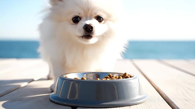Cute spitz dog enjoying meal time near blue ocean waterside