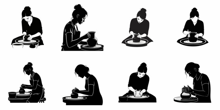 Black and white vector set of female ceramic artists working on a pottery wheel, featuring silhouettes and various poses of concentration and craftsmanship.