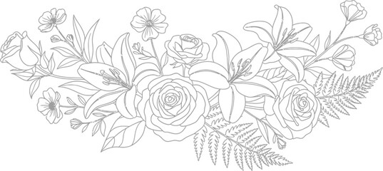 Delicate black and white line art drawing featuring a charming floral arrangement composition of roses lilies and small blossoms with fern accents