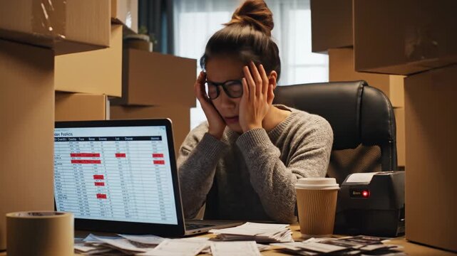Overwhelmed Young Woman Stressed With Work In A Warehouse Full Of Boxes